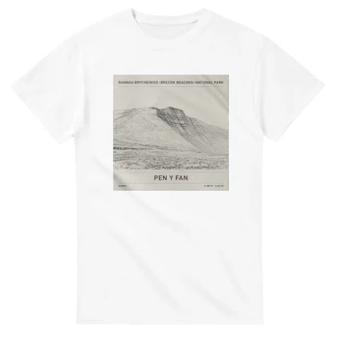 Fine-line engraving-style drawing for Bannau Brycheiniog (Brecon Beacons) National Park, with a landmark caption and small coordinate text.