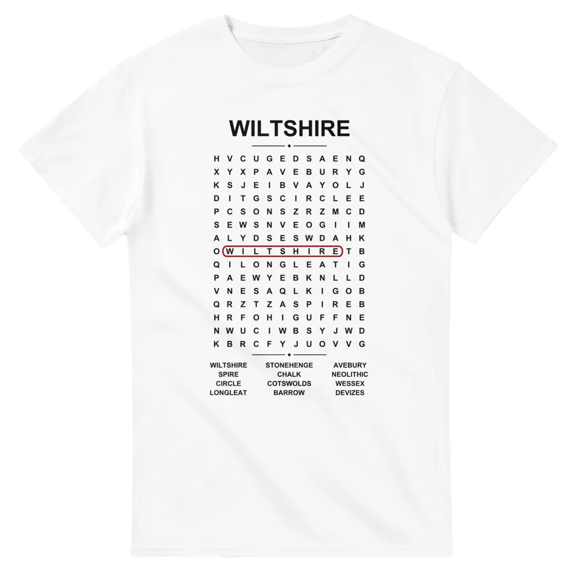 Word-search sheet for Wiltshire, with a large place-name heading, a letter grid, a local answer list, and a red highlighted example word.