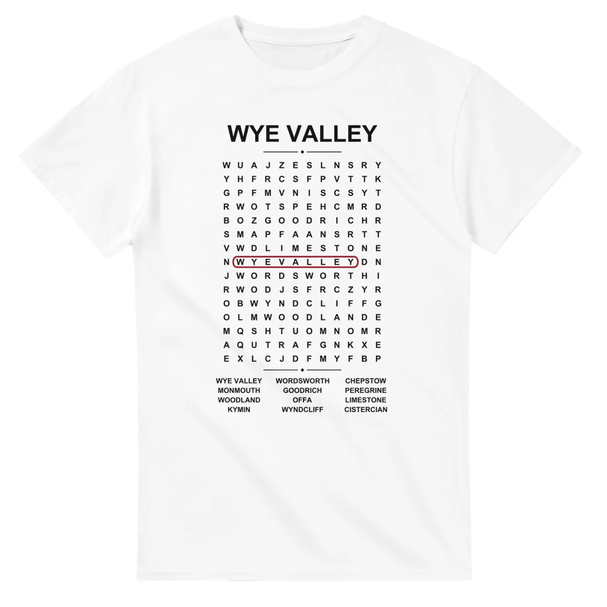 Word-search sheet for Wye Valley, with a large place-name heading, a letter grid, a local answer list, and a red highlighted example word.