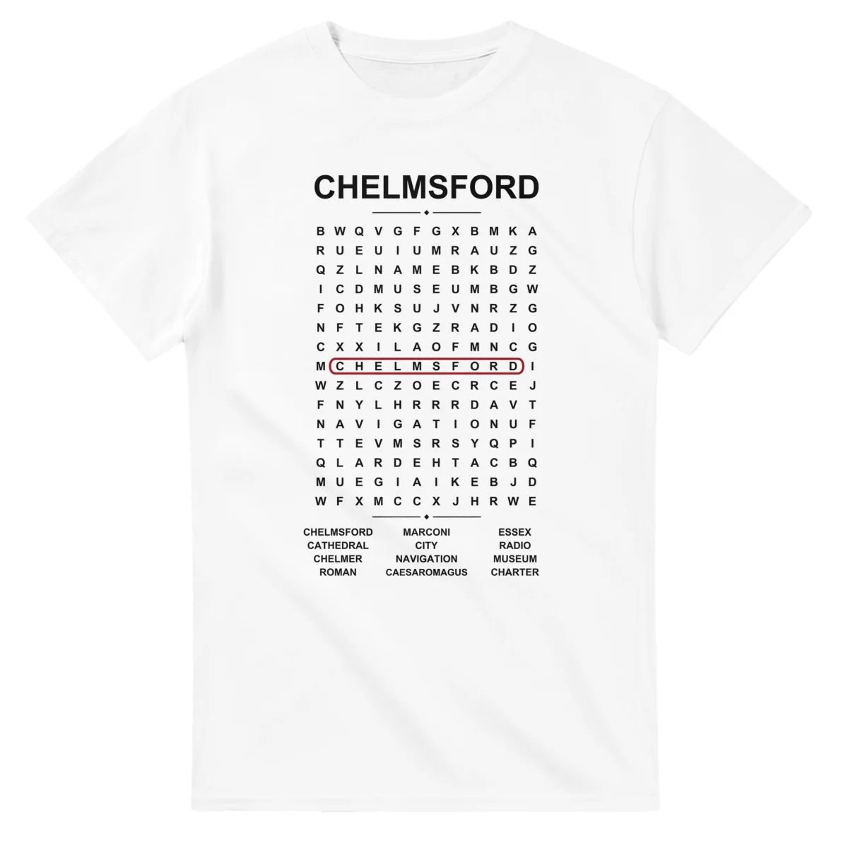 Word-search sheet for Chelmsford, with a large place-name heading, a letter grid, a local answer list, and a red highlighted example word.