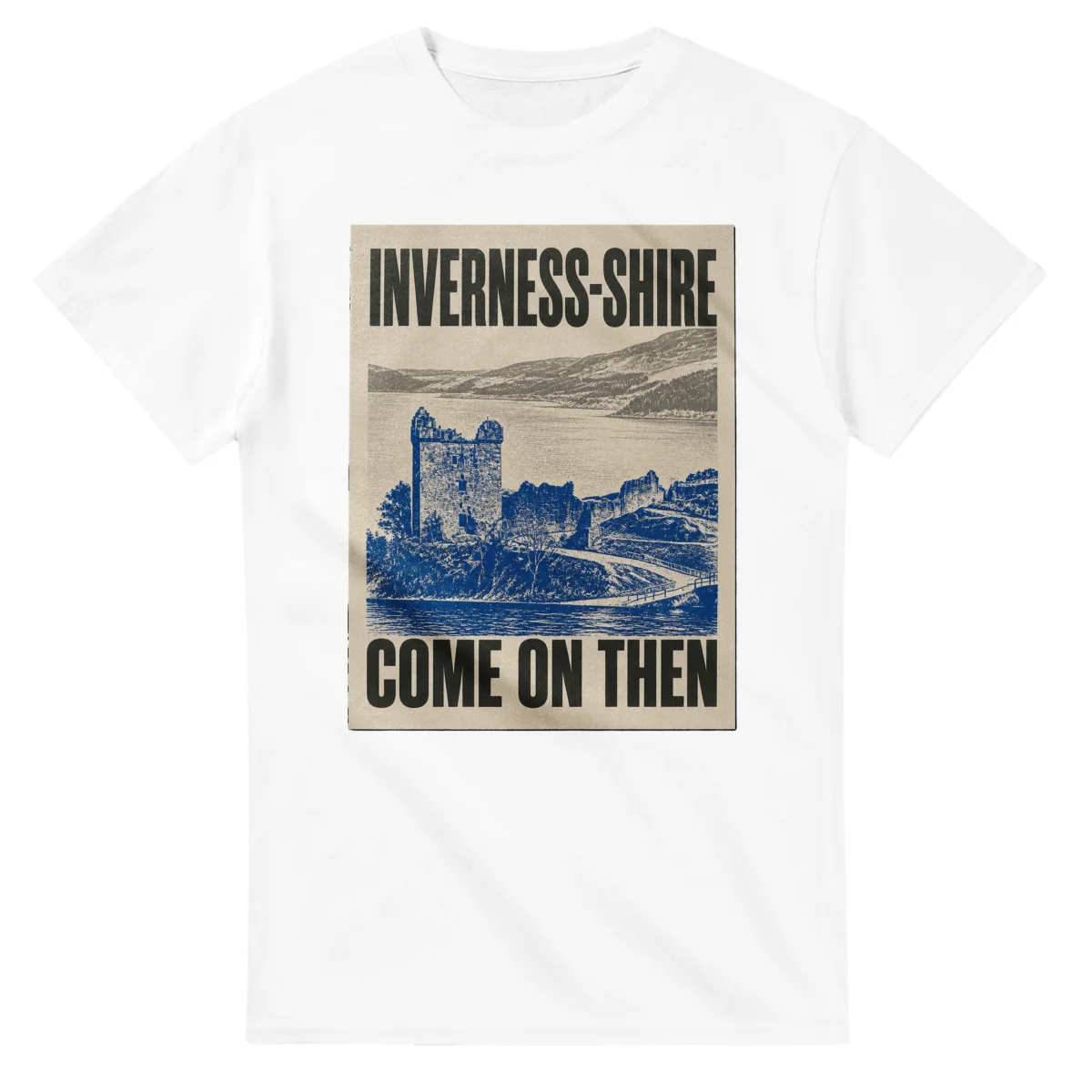 Two-colour scenic illustration for Inverness-shire, with the place name and COME ON THEN lettering.