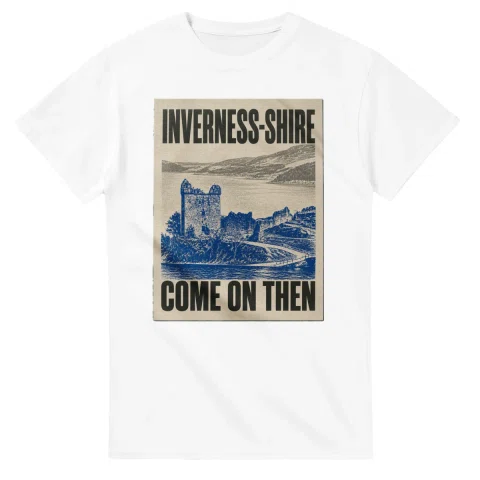 Two-colour scenic illustration for Inverness-shire, with the place name and COME ON THEN lettering.