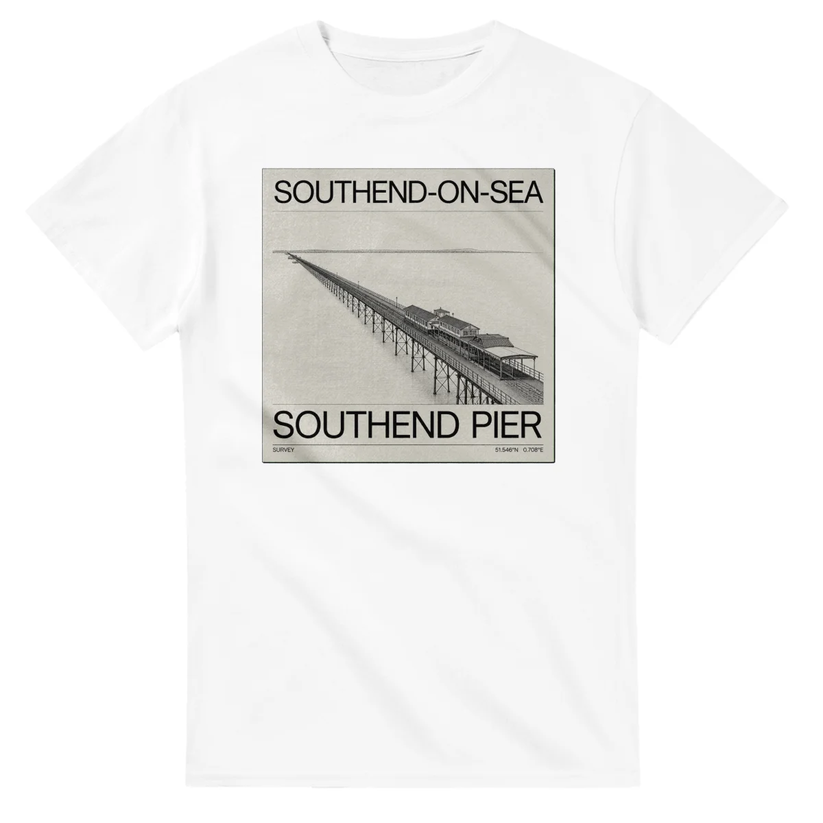 Fine-line engraving-style drawing for Southend-on-Sea, with a landmark caption and small coordinate text.