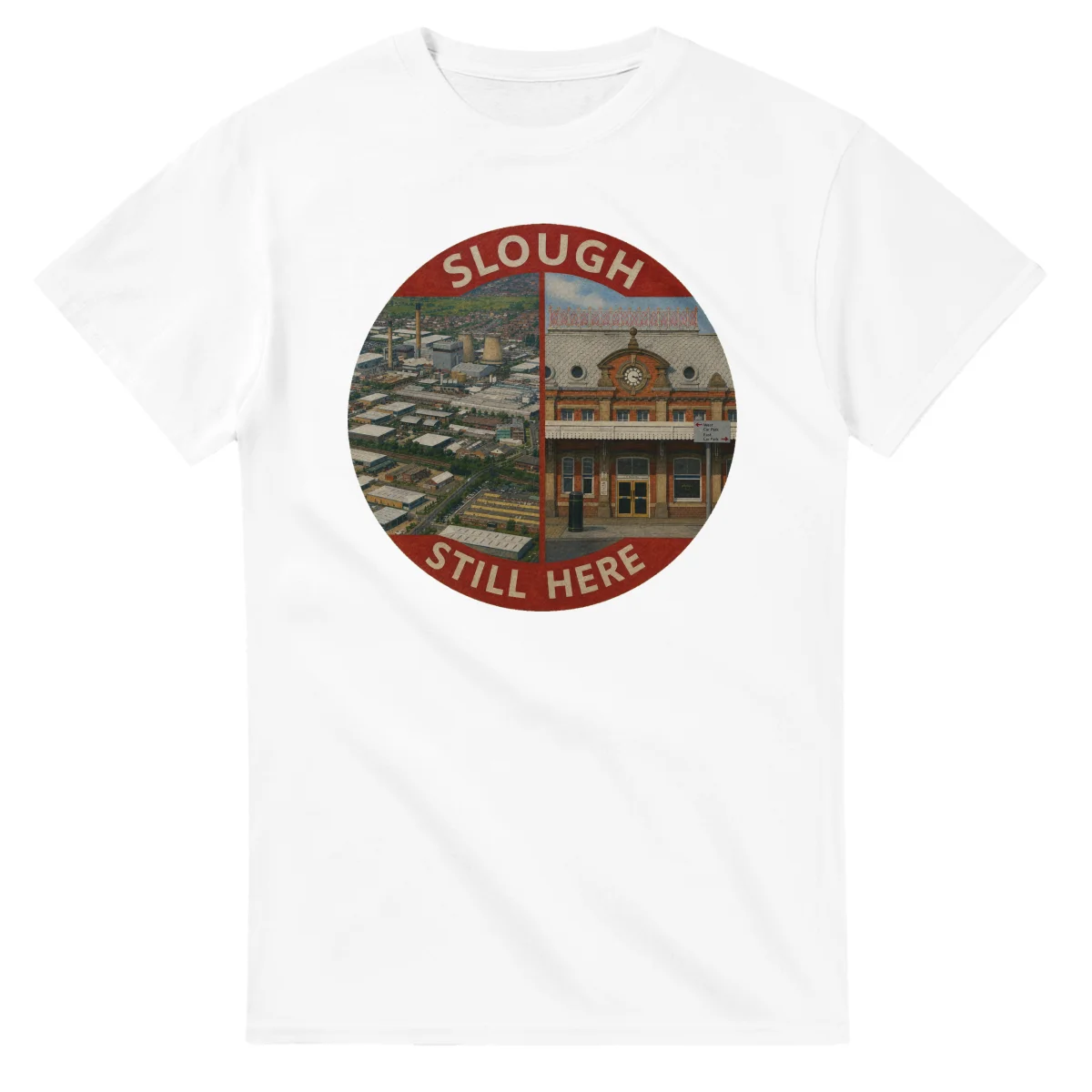 Painted, panelled scenic illustration for Slough, with paired local scenes and the place name in lettering.