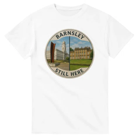 Painted, panelled scenic illustration for Barnsley, with paired local scenes and the place name in lettering.