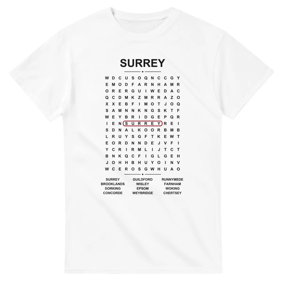 Word-search sheet for Surrey, with a large place-name heading, a letter grid, a local answer list, and a red highlighted example word.