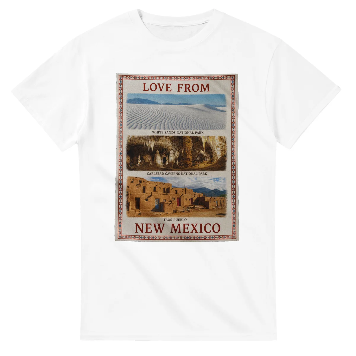 Framed scenic design for New Mexico, with several local views, a decorative border and LOVE FROM lettering.