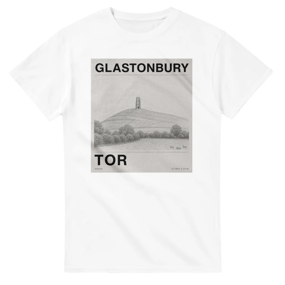 Fine-line engraving-style drawing for Glastonbury, with a landmark caption and small coordinate text.