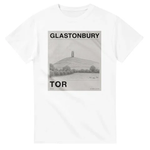 Fine-line engraving-style drawing for Glastonbury, with a landmark caption and small coordinate text.