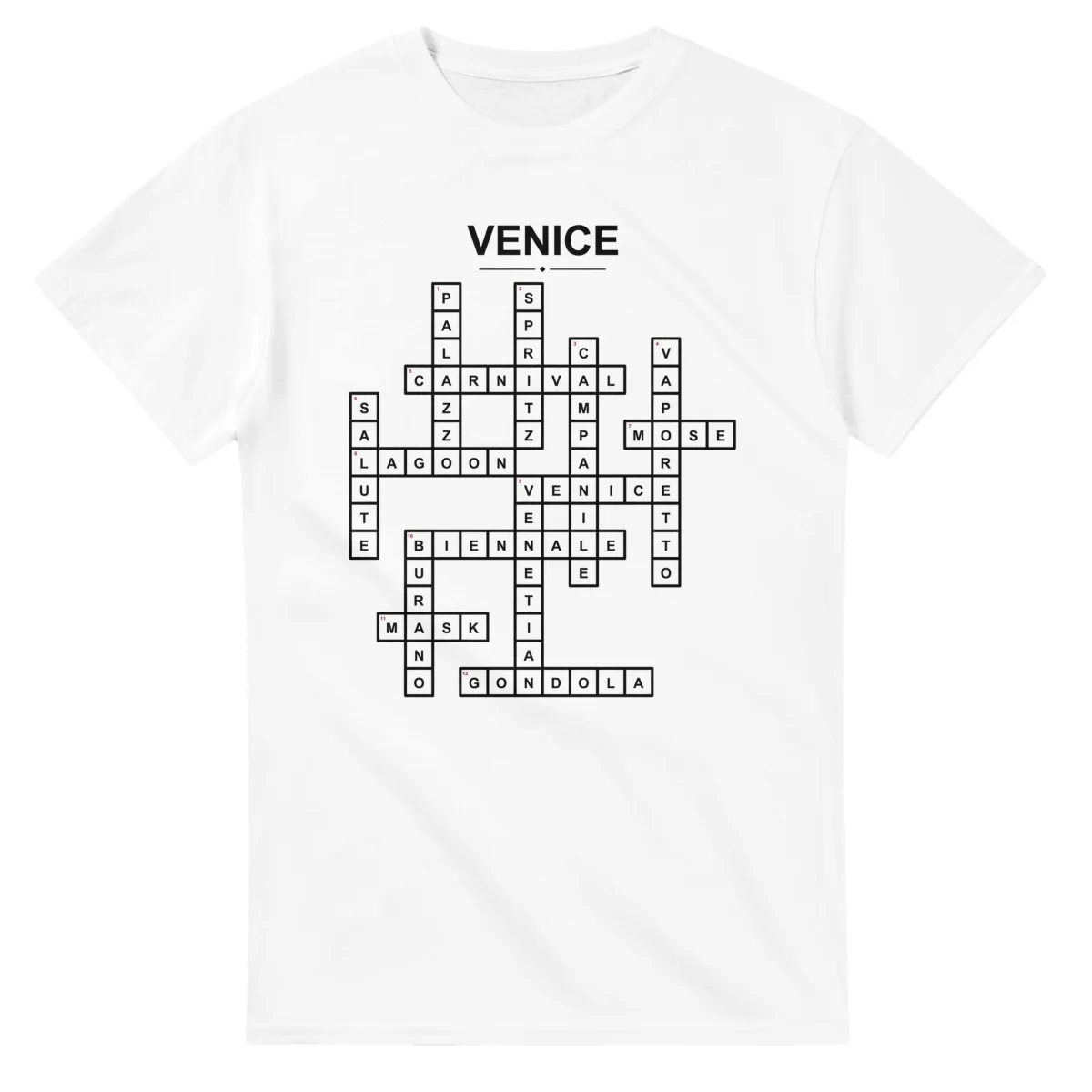 Monochrome crossword sheet for Venice, with a large place-name heading, a letter grid, and numbered across and down clues.