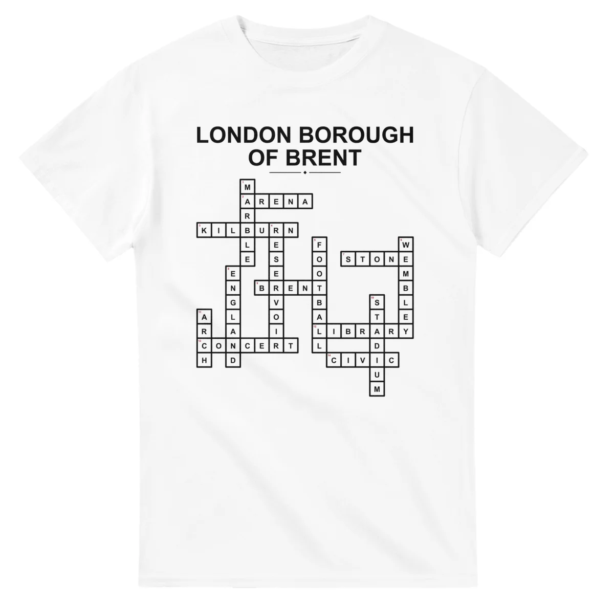 Monochrome crossword sheet for London Borough of Brent, with a large place-name heading, a letter grid, and numbered across and down clues.