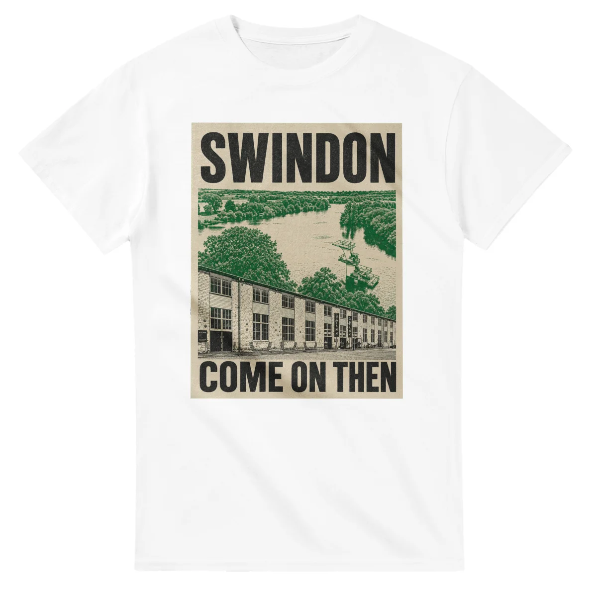 Two-colour scenic illustration for Swindon, with the place name and COME ON THEN lettering.