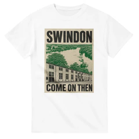 Two-colour scenic illustration for Swindon, with the place name and COME ON THEN lettering.