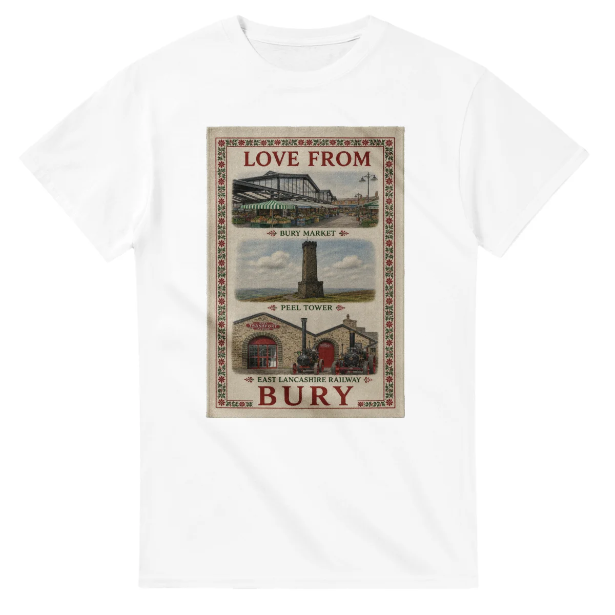 Framed scenic design for Bury, with several local views, a decorative border and LOVE FROM lettering.