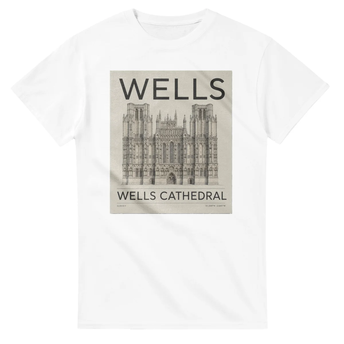 Fine-line engraving-style drawing for Wells, with a landmark caption and small coordinate text.