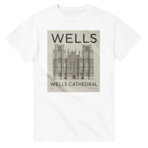 Fine-line engraving-style drawing for Wells, with a landmark caption and small coordinate text.
