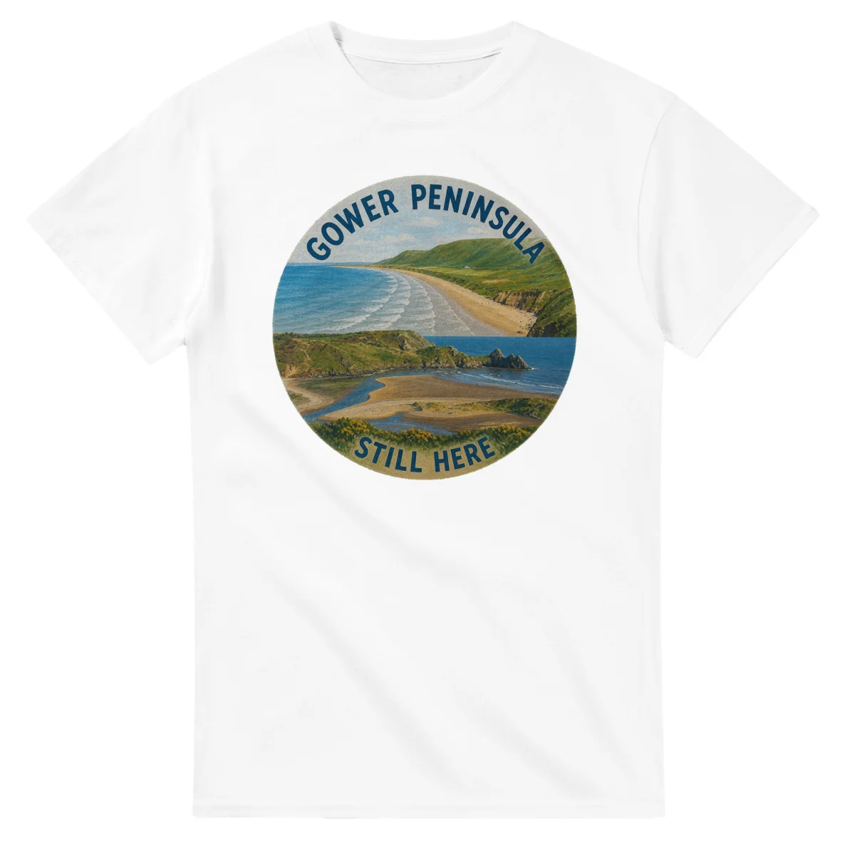 Painted, panelled scenic illustration for Gower Peninsula, with paired local scenes and the place name in lettering.
