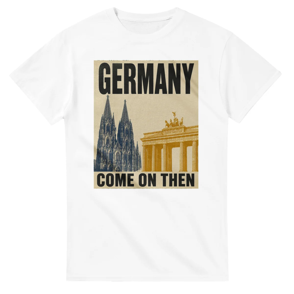 Two-colour scenic illustration for Germany, with the place name and COME ON THEN lettering.