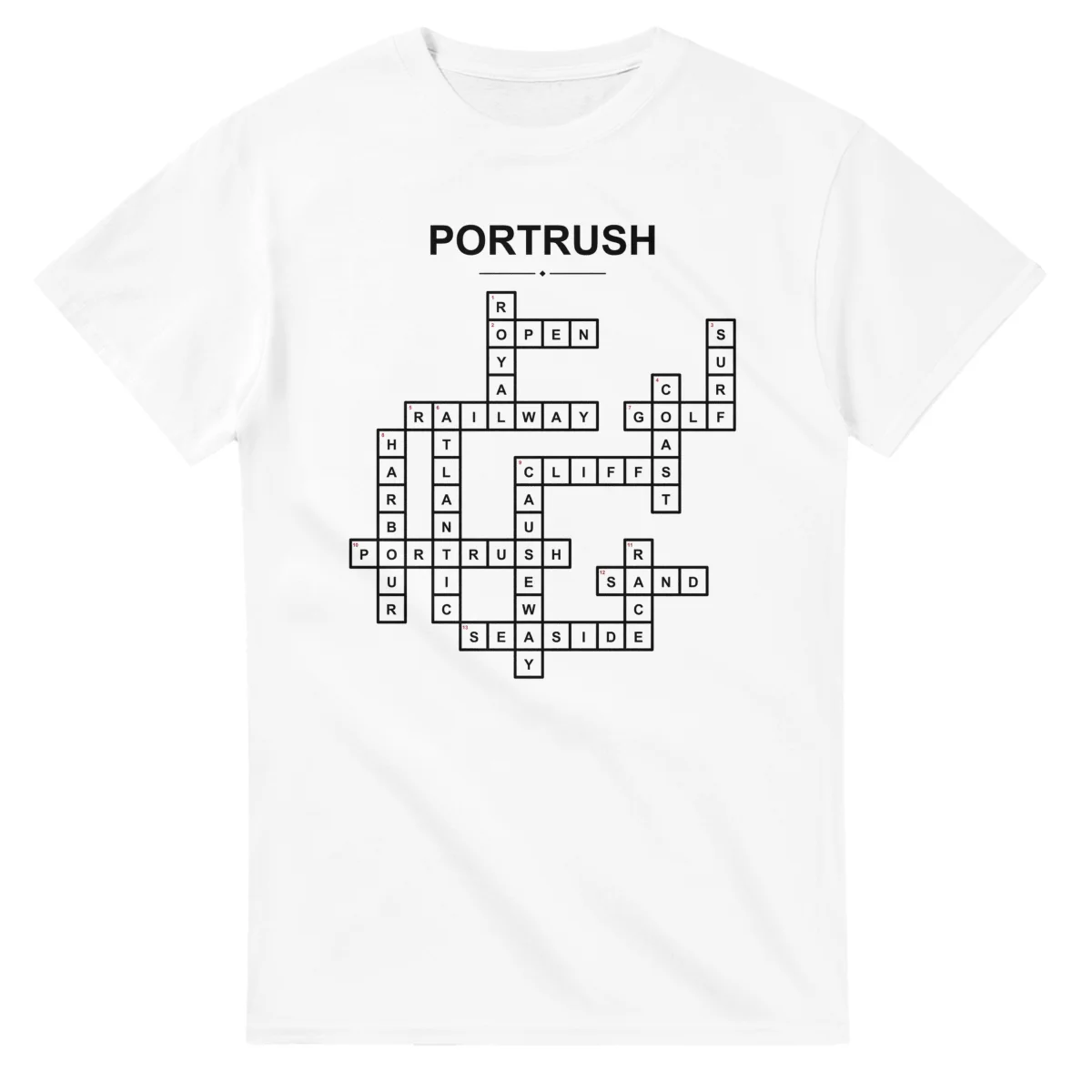 Monochrome crossword sheet for Portrush, with a large place-name heading, a letter grid, and numbered across and down clues.