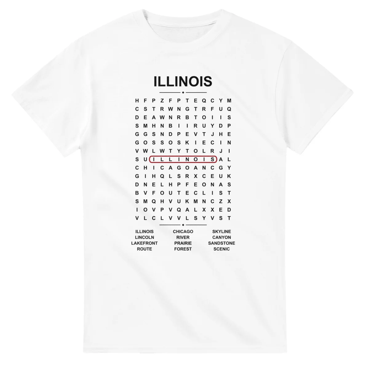 Word-search sheet for Illinois, with a large place-name heading, a letter grid, a local answer list, and a red highlighted example word.