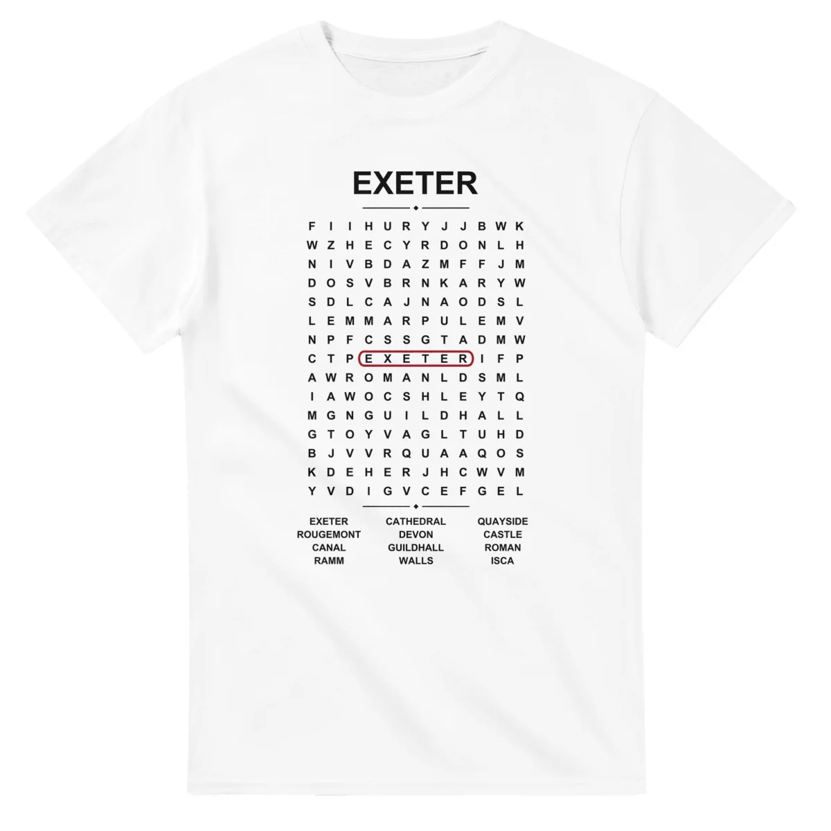 Word-search sheet for Exeter, with a large place-name heading, a letter grid, a local answer list, and a red highlighted example word.