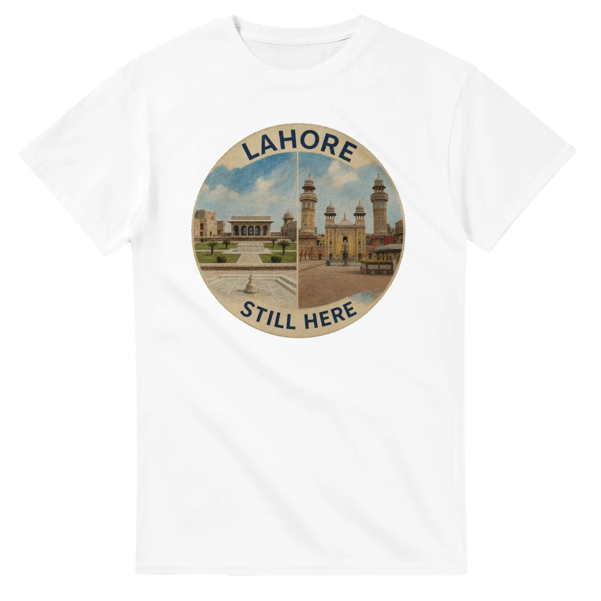 Painted, panelled scenic illustration for Lahore, with paired local scenes and the place name in lettering.