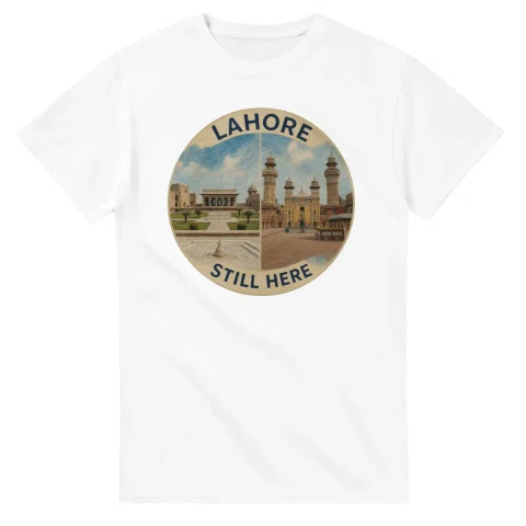 Painted, panelled scenic illustration for Lahore, with paired local scenes and the place name in lettering.