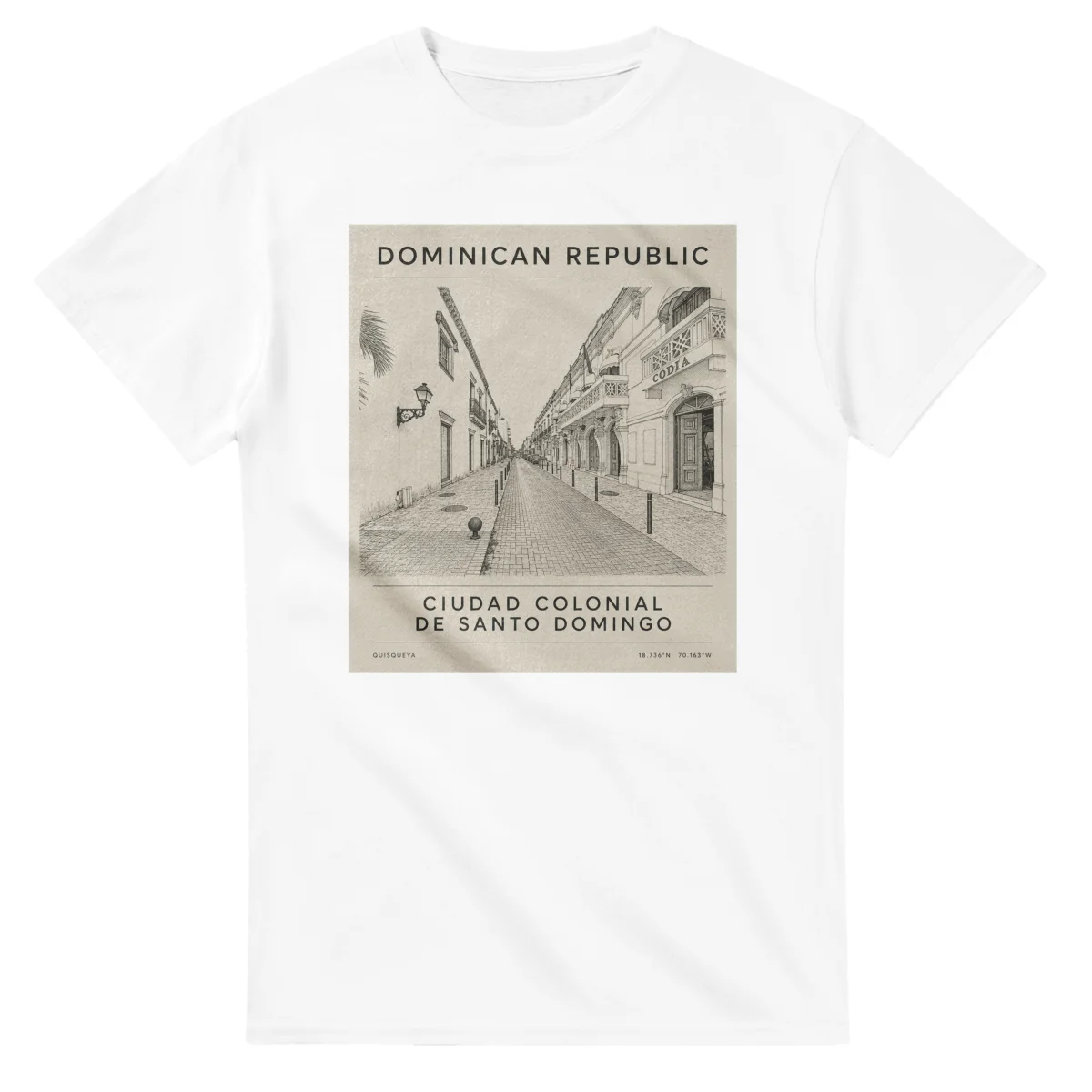 Fine-line engraving-style drawing for Dominican Republic, with a landmark caption and small coordinate text.