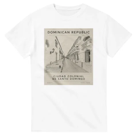 Fine-line engraving-style drawing for Dominican Republic, with a landmark caption and small coordinate text.