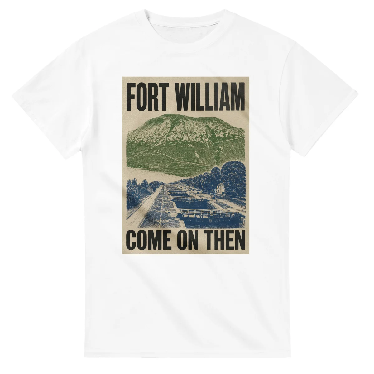 Two-colour scenic illustration for Fort William, with the place name and COME ON THEN lettering.