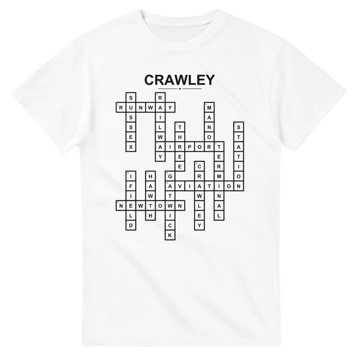 Monochrome crossword sheet for Crawley, with a large place-name heading, a letter grid, and numbered across and down clues.