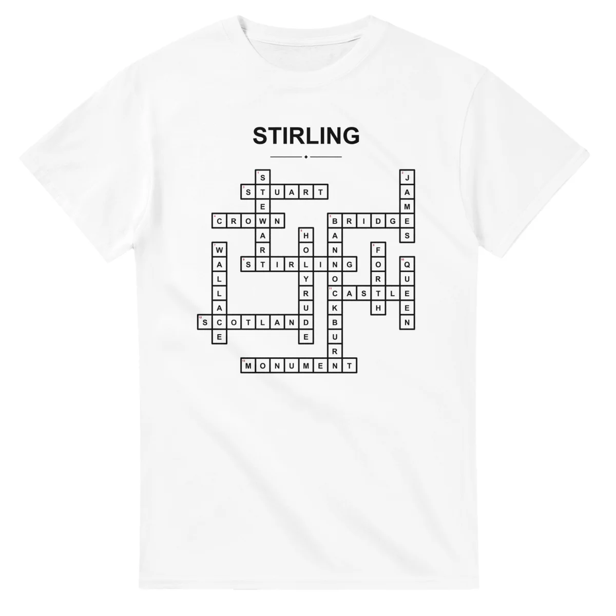 Monochrome crossword sheet for Stirling, with a large place-name heading, a letter grid, and numbered across and down clues.