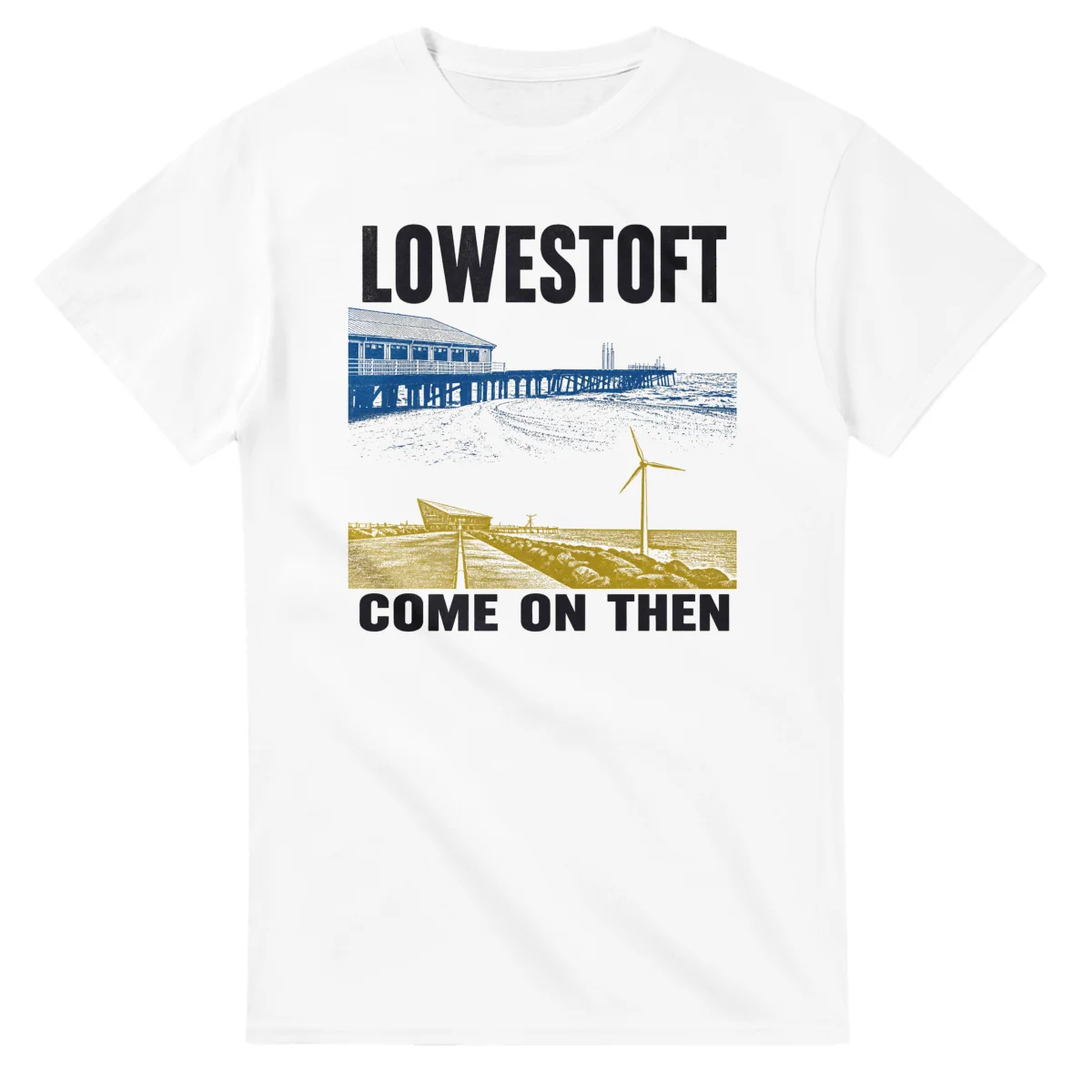 Two-colour scenic illustration for Lowestoft, with the place name and COME ON THEN lettering.