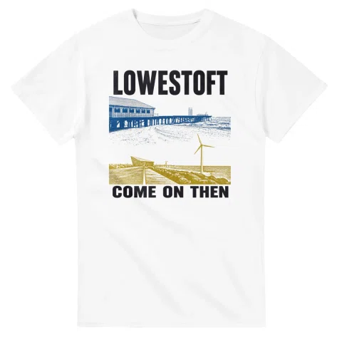Two-colour scenic illustration for Lowestoft, with the place name and COME ON THEN lettering.