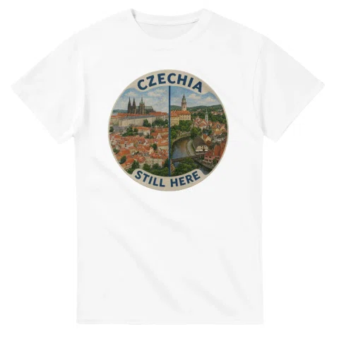 Painted, panelled scenic illustration for Czechia, with paired local scenes and the place name in lettering.