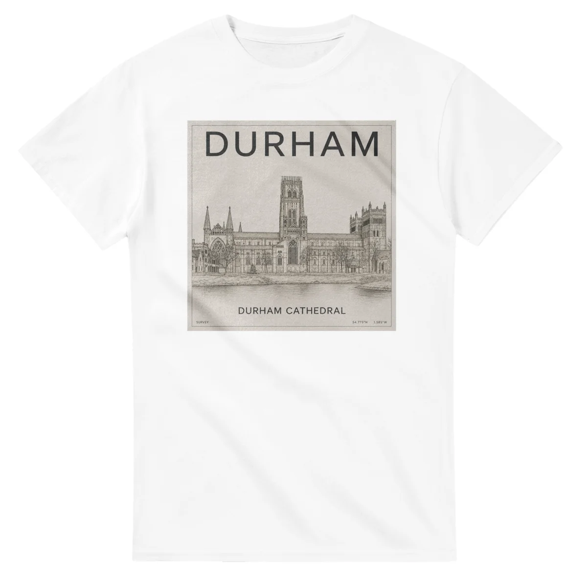Fine-line engraving-style drawing for County Durham, with a landmark caption and small coordinate text.