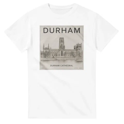 Fine-line engraving-style drawing for County Durham, with a landmark caption and small coordinate text.