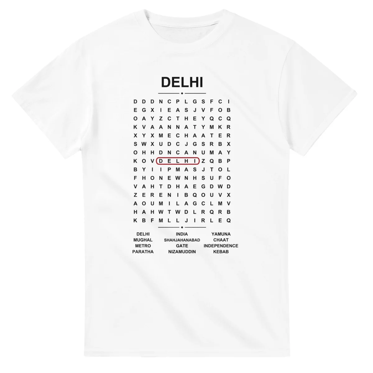Word-search sheet for Delhi, with a large place-name heading, a letter grid, a local answer list, and a red highlighted example word.