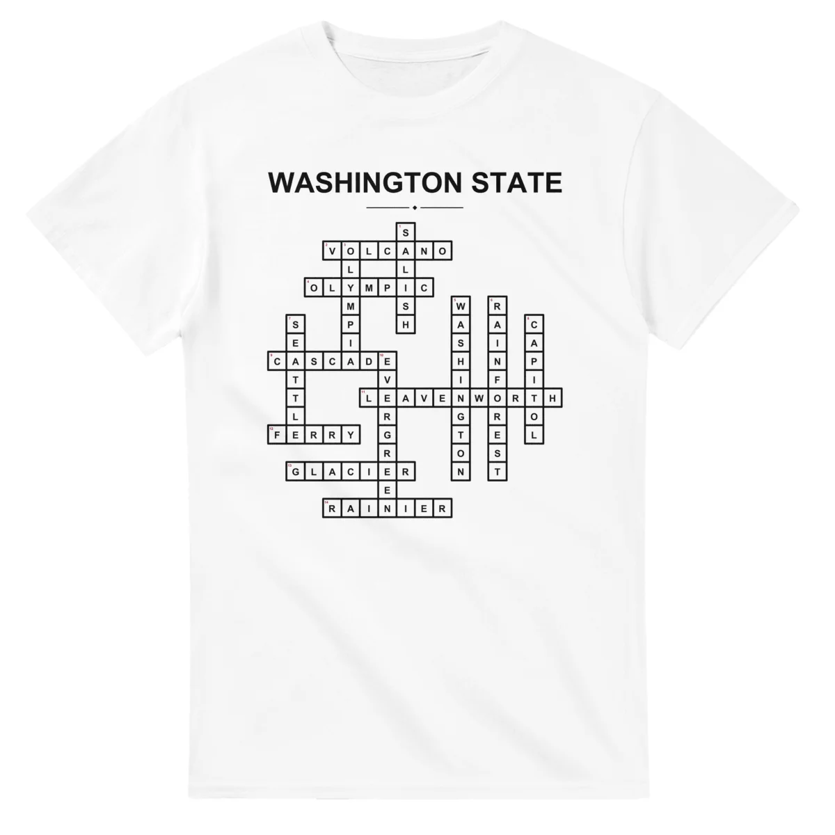 Monochrome crossword sheet for Washington State, with a large place-name heading, a letter grid, and numbered across and down clues.