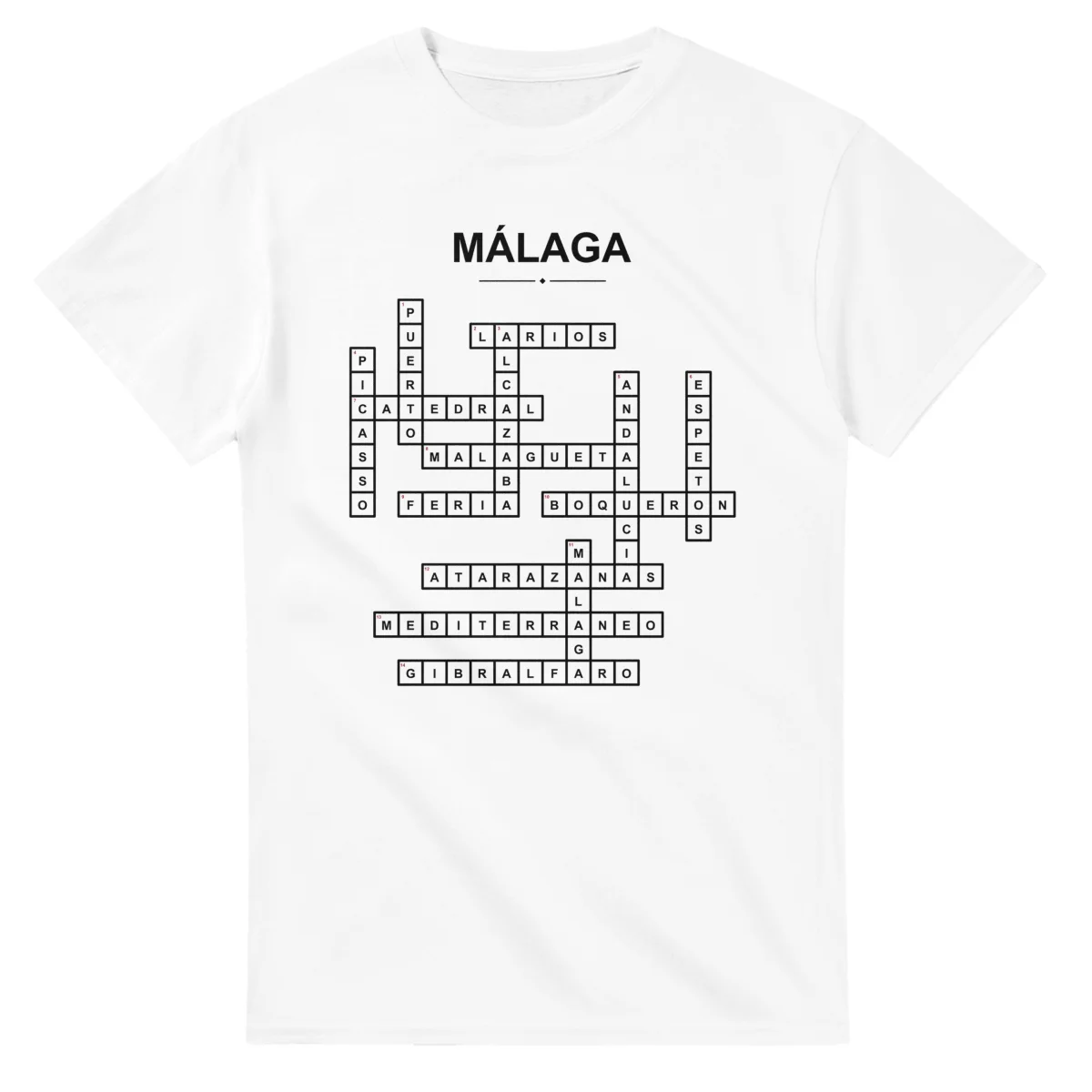 Monochrome crossword sheet for Málaga, with a large place-name heading, a letter grid, and numbered across and down clues.