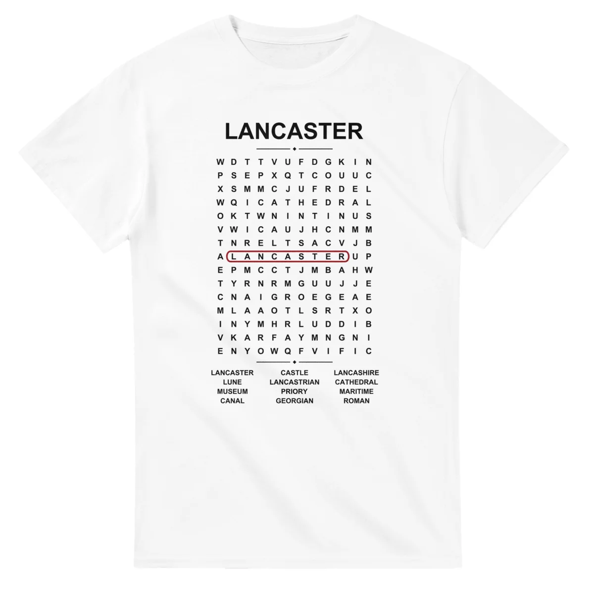 Word-search sheet for Lancaster, with a large place-name heading, a letter grid, a local answer list, and a red highlighted example word.