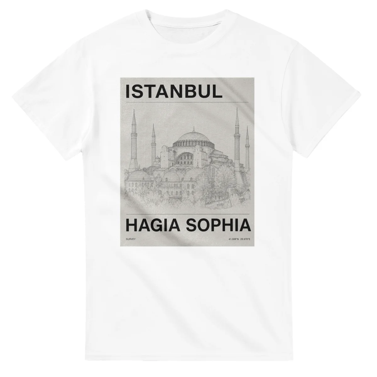 Fine-line engraving-style drawing for Istanbul, with a landmark caption and small coordinate text.