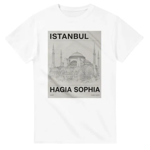 Fine-line engraving-style drawing for Istanbul, with a landmark caption and small coordinate text.