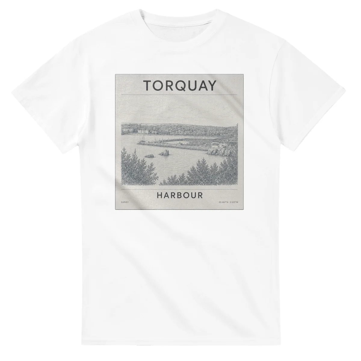 Fine-line engraving-style drawing for Torquay, with a landmark caption and small coordinate text.