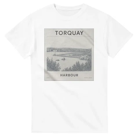 Fine-line engraving-style drawing for Torquay, with a landmark caption and small coordinate text.