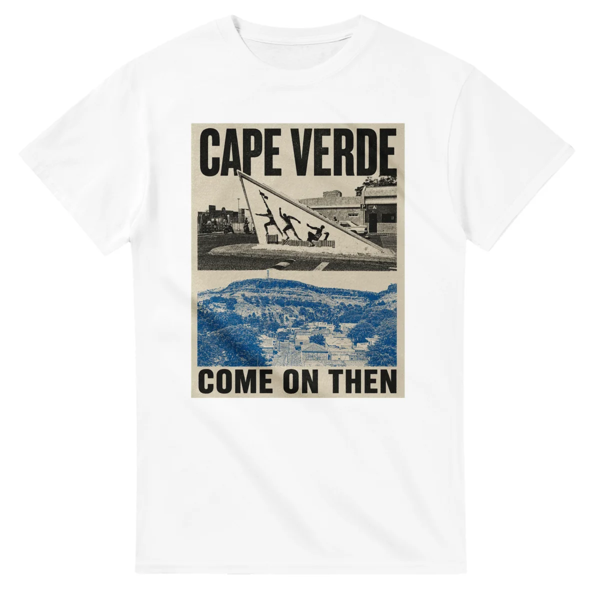 Two-colour scenic illustration for Cape Verde, with the place name and COME ON THEN lettering.
