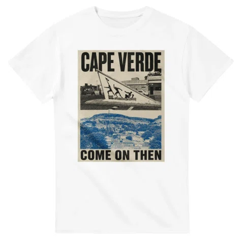 Two-colour scenic illustration for Cape Verde, with the place name and COME ON THEN lettering.