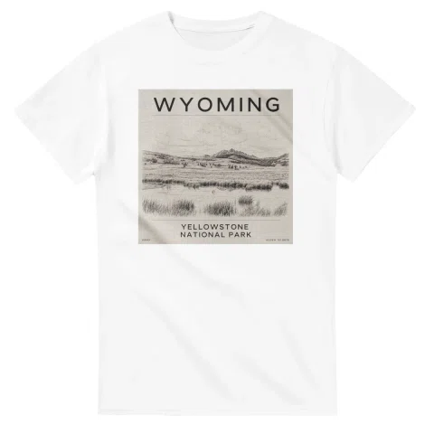 Fine-line engraving-style drawing for Wyoming, with a landmark caption and small coordinate text.