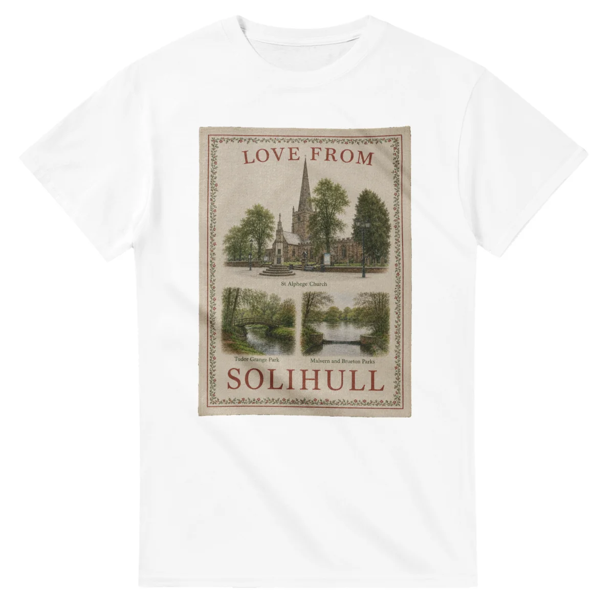 Framed scenic design for Solihull, with several local views, a decorative border and LOVE FROM lettering.