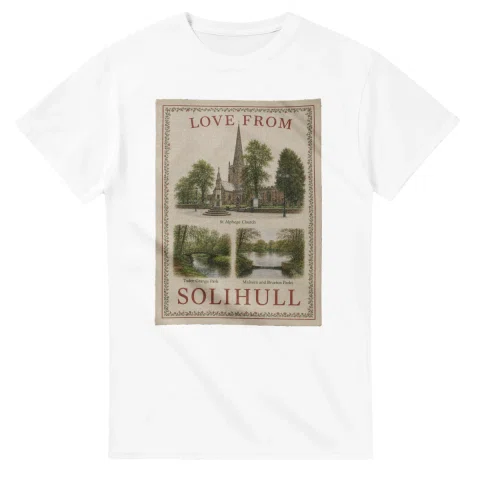 Framed scenic design for Solihull, with several local views, a decorative border and LOVE FROM lettering.